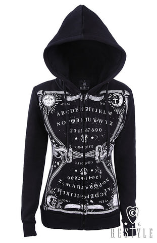 Black occult blouse with pockets, big hood, spirit board "OUIJA HOODIE"