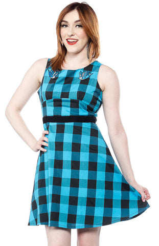 Sourpuss Swallows Buffalo Plaid Dress in Blue